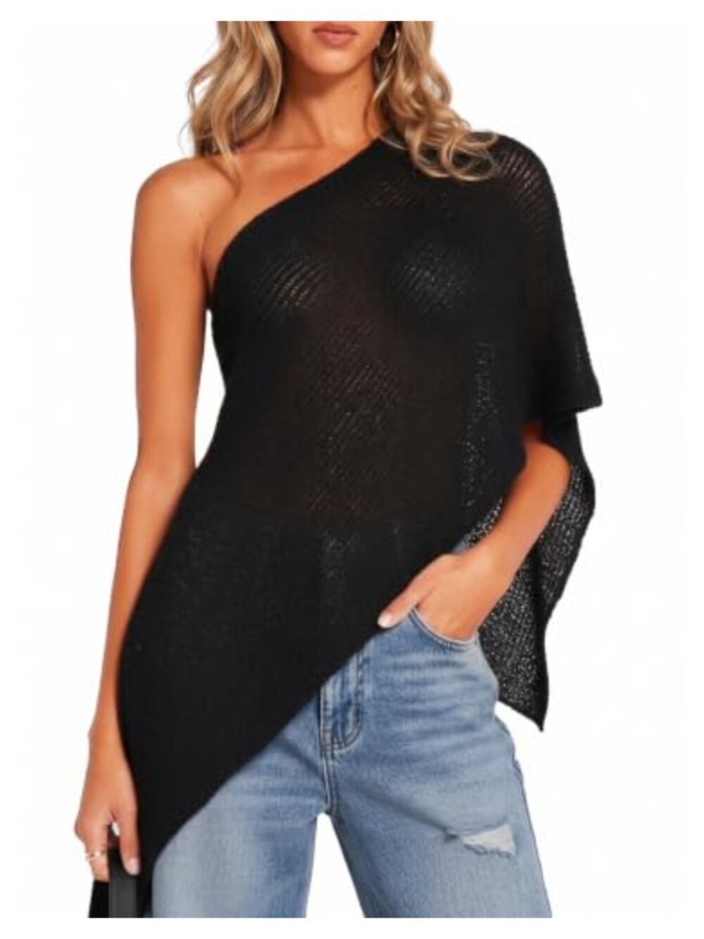 Sheer Poncho Top Off Shoulder Beach Cover Up Knit Shawl Women's
